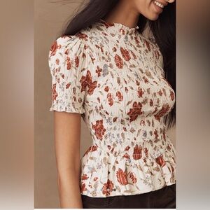 Reformation Aggie Puff-Sleeve Smocked Peplum Top in Gwendoline print
